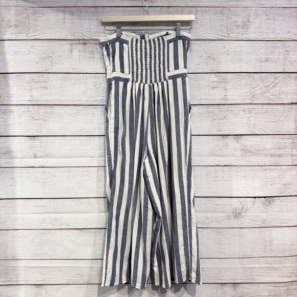 American Eagle Blue Ivory Striped Button Front Jumpsuit Size Small Petite - Picture 3 of 13